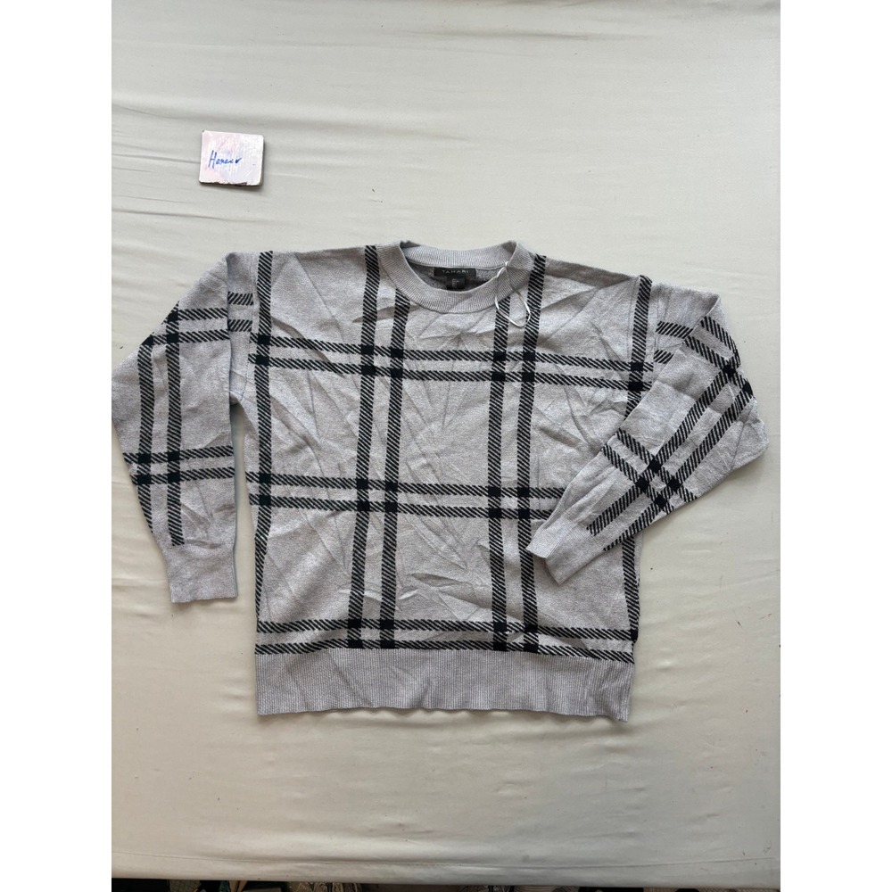 Tahari Womens Grey Black Windowpane Plaid Crewneck Sweater Size Large Pullover